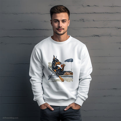 Dobermann Lying on a Sun Lounger with a Cocktail Sweatshirt – Unique Dog Sweatshirt for Men