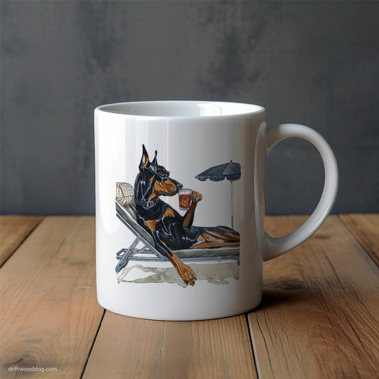 Dobermann Lying on a Sun Lounger with a Cocktail Mug – Unique Dog Cups | Dog-Themed Mugs