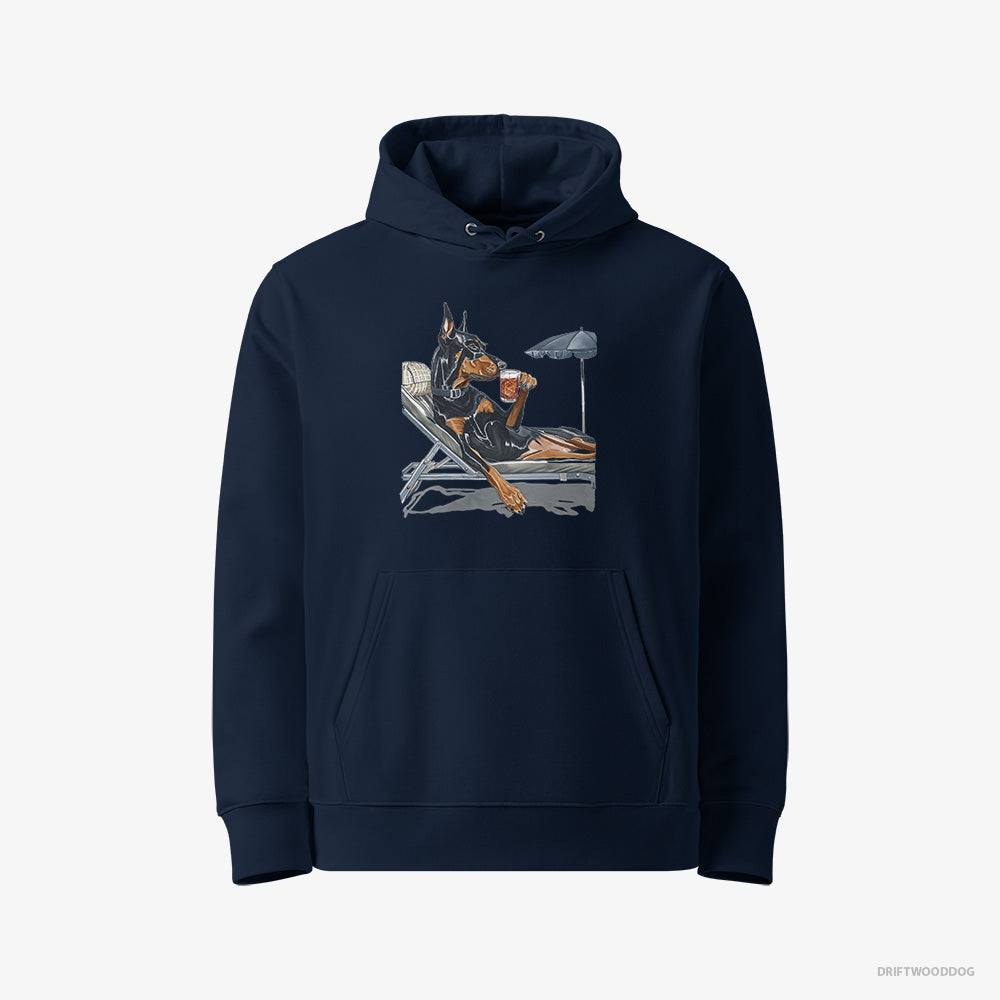 Dobermann Hoodie – Men Navy Hoodie Eco-Friendly – Lying on a Sun Lounger with a Cocktail (on White Background)