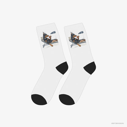 Dobermann Socks – Unisex White Socks Classic – Lying on a Sun Lounger with a Cocktail (on White Background)