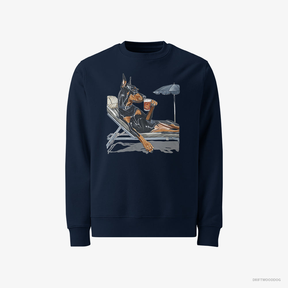 Dobermann Sweatshirt – Men Navy Sweatshirt Classic – Lying on a Sun Lounger with a Cocktail (on White Background)