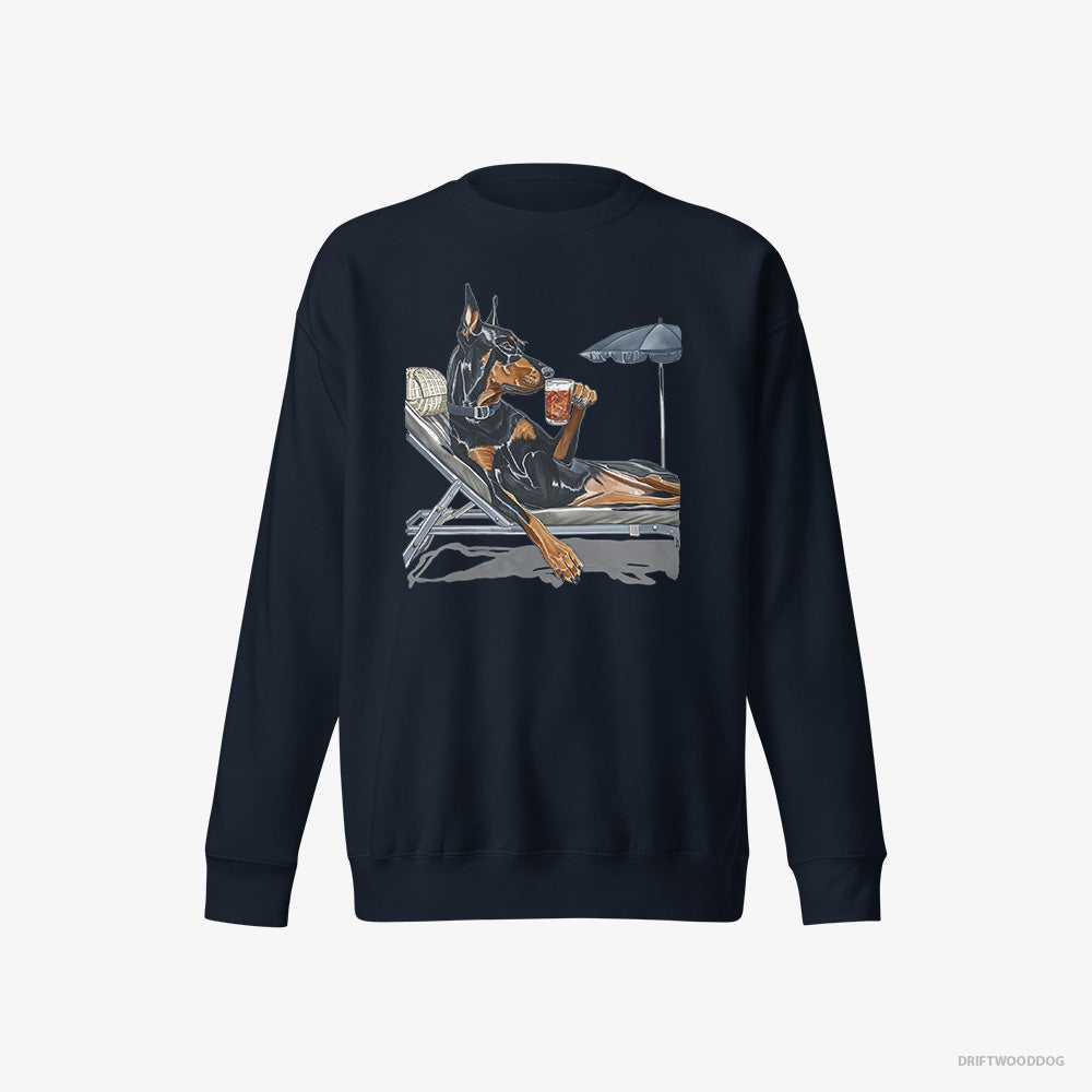 Dobermann Sweatshirt – Men Navy Sweatshirt Eco-Friendly – Lying on a Sun Lounger with a Cocktail (on White Background)