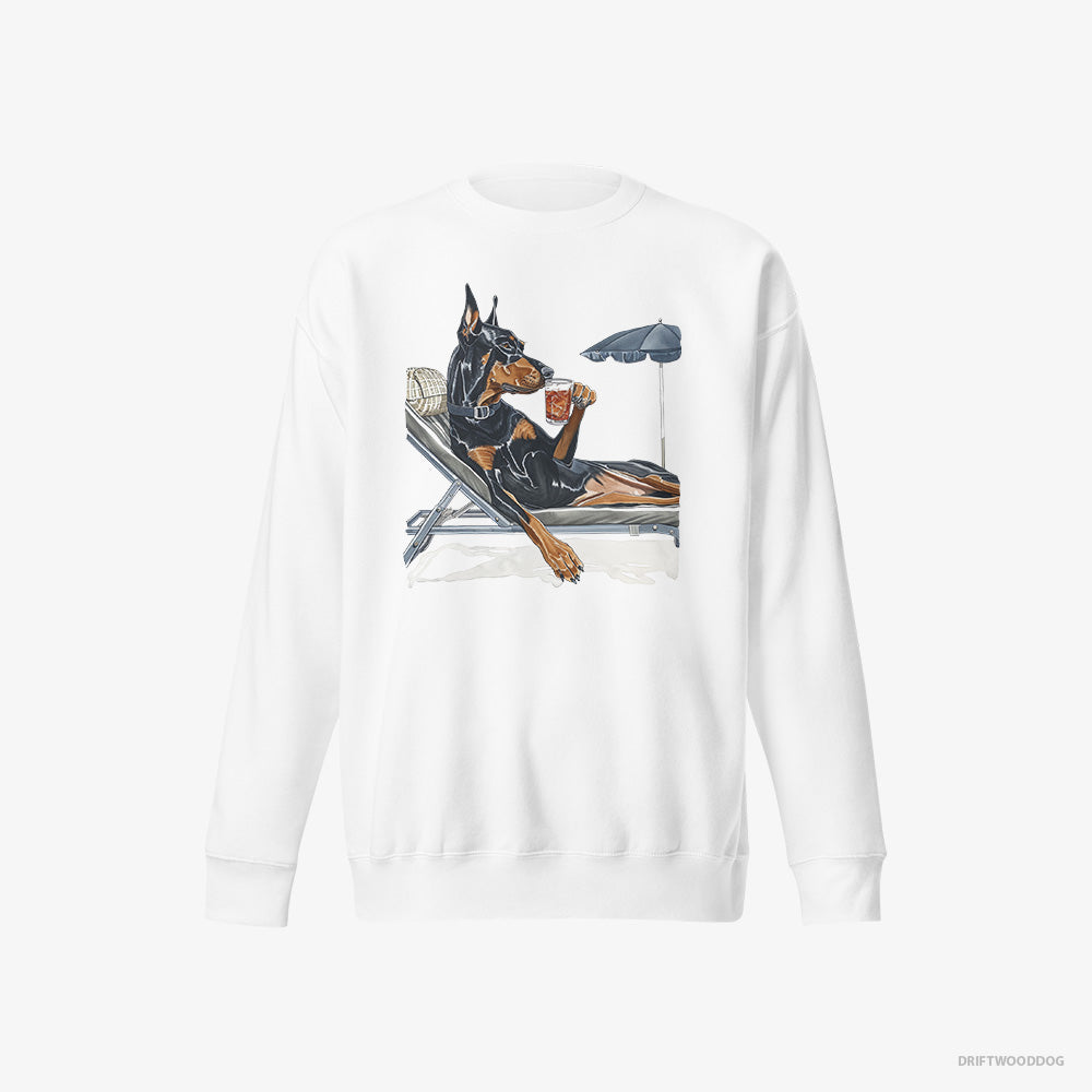 Dobermann Sweatshirt – Men White Sweatshirt Eco-Friendly – Lying on a Sun Lounger with a Cocktail (on White Background)