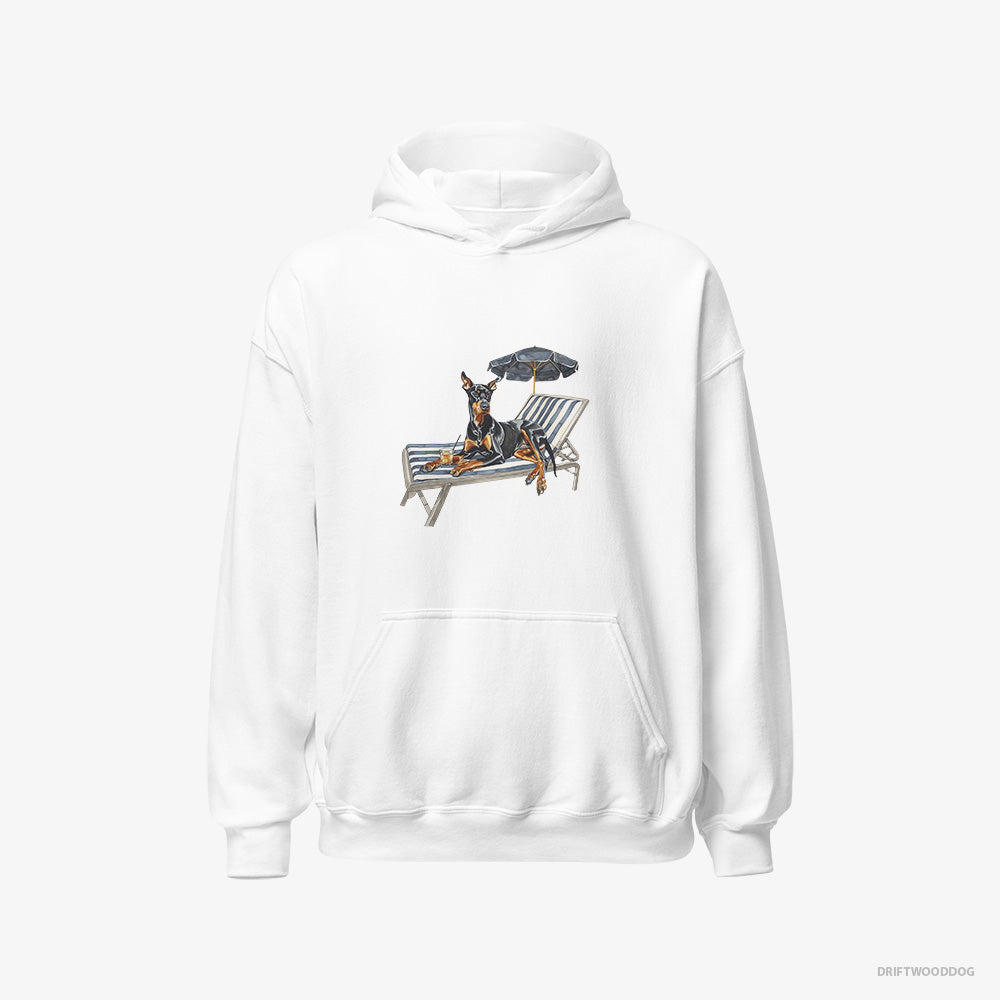 Dobermann Hoodie – Men White Hoodie Classic – Relaxing on a Sunbed (on White Background)