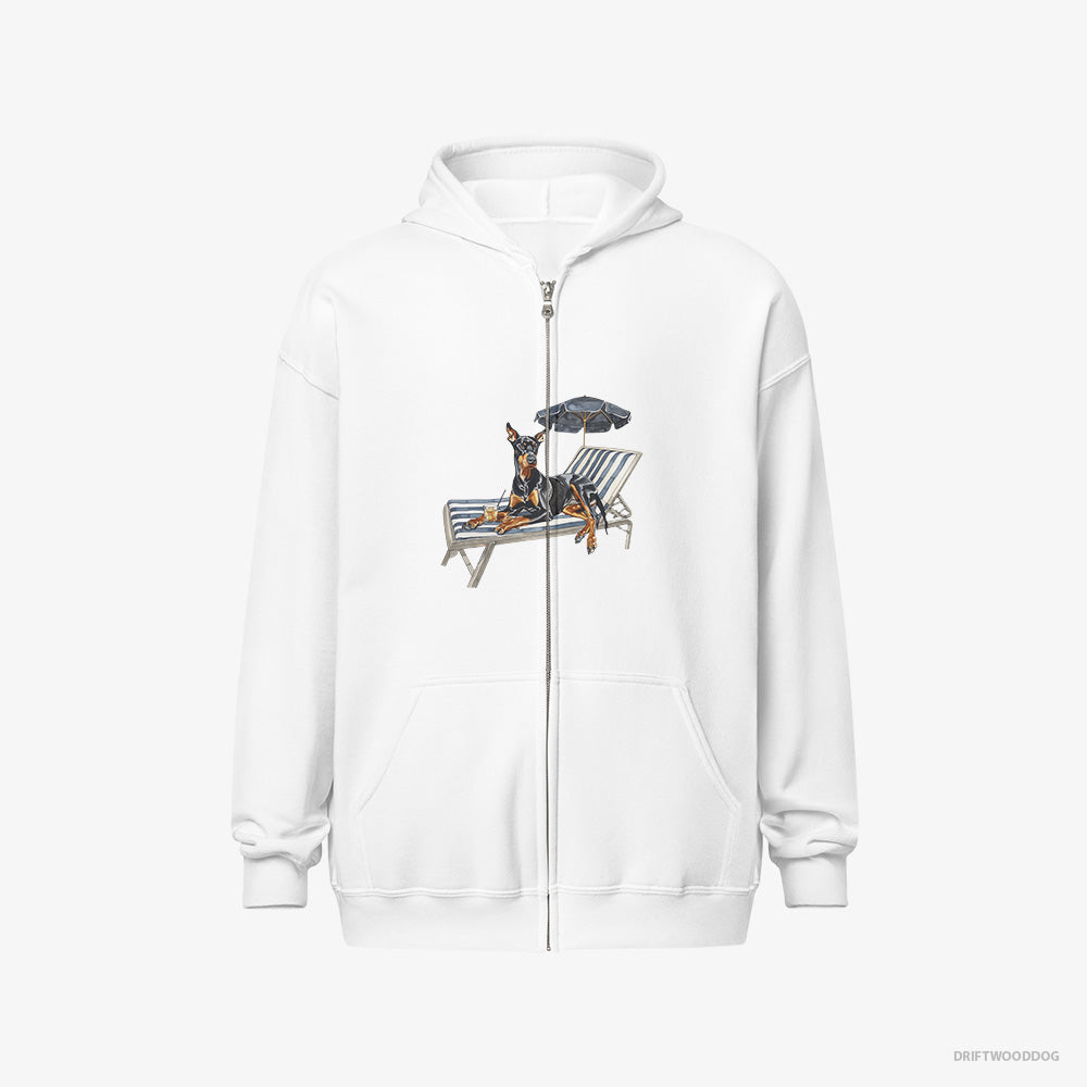 Dobermann Hoodie – Men White Hoodie Full-Zip – Relaxing on a Sunbed (on White Background)