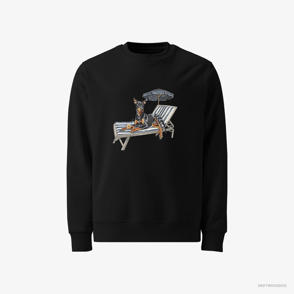 Dobermann Sweatshirt – Men Black Sweatshirt Classic – Relaxing on a Sunbed (on White Background)