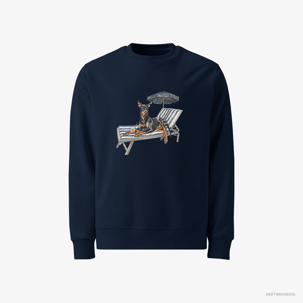 Dobermann Sweatshirt – Men Navy Sweatshirt Classic – Relaxing on a Sunbed (on White Background)