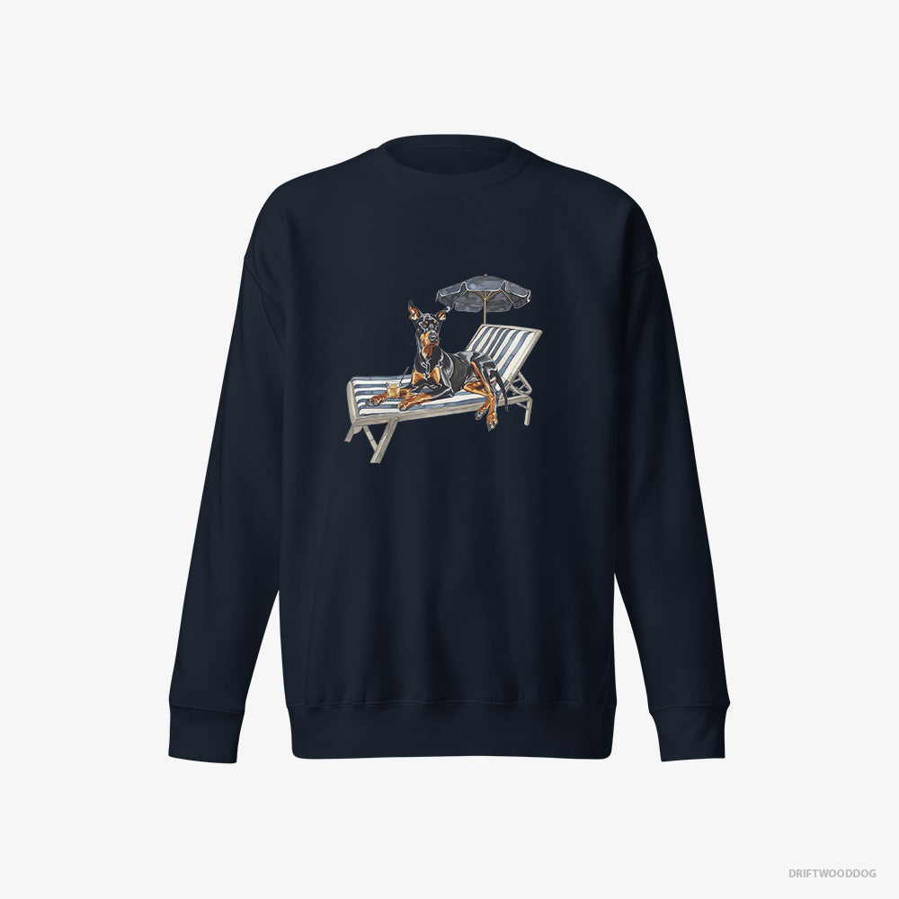 Dobermann Sweatshirt – Men Navy Sweatshirt Eco-Friendly – Relaxing on a Sunbed (on White Background)