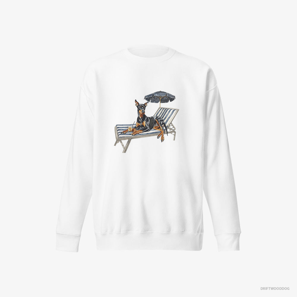 Dobermann Sweatshirt – Men White Sweatshirt Eco-Friendly – Relaxing on a Sunbed (on White Background)