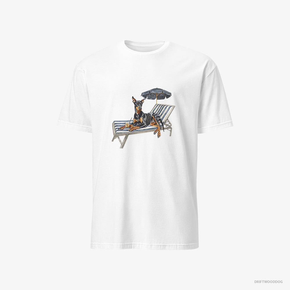 Dobermann T-Shirt – Men White T-Shirt Classic – Relaxing on a Sunbed (on White Background)