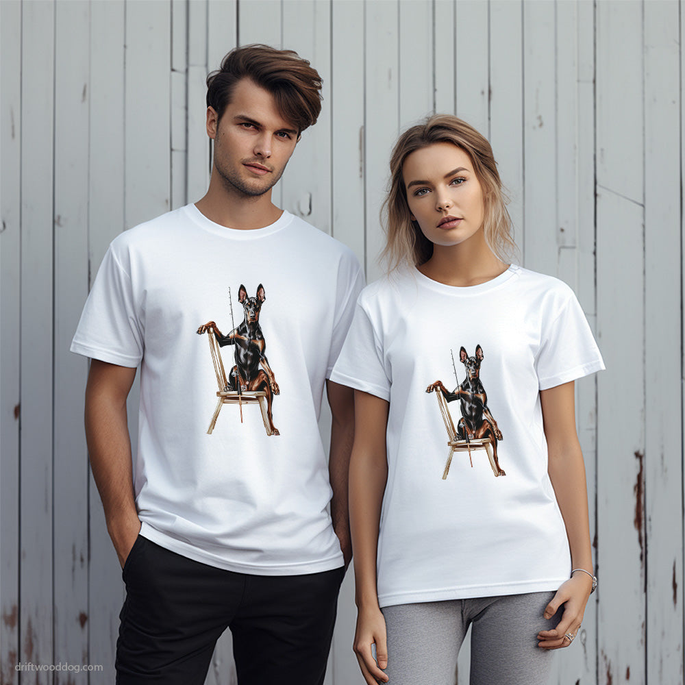 Dobermann Fishing with a Rod T-Shirt – Unique Dog T-Shirts for Pet Lovers