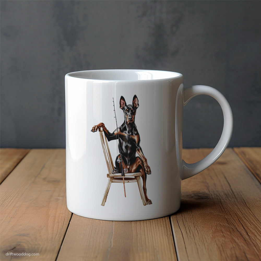 Dobermann Fishing with a Rod Mug – Unique Dog Cups | Dog-Themed Mugs