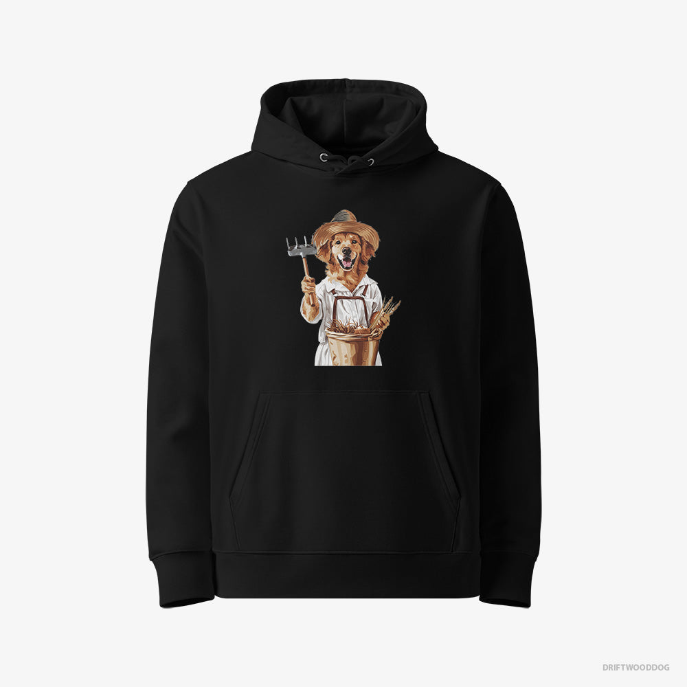 Golden Retriever Hoodie – Women Black Hoodie Eco-Friendly – Dressed as a Farmer (on White Background)