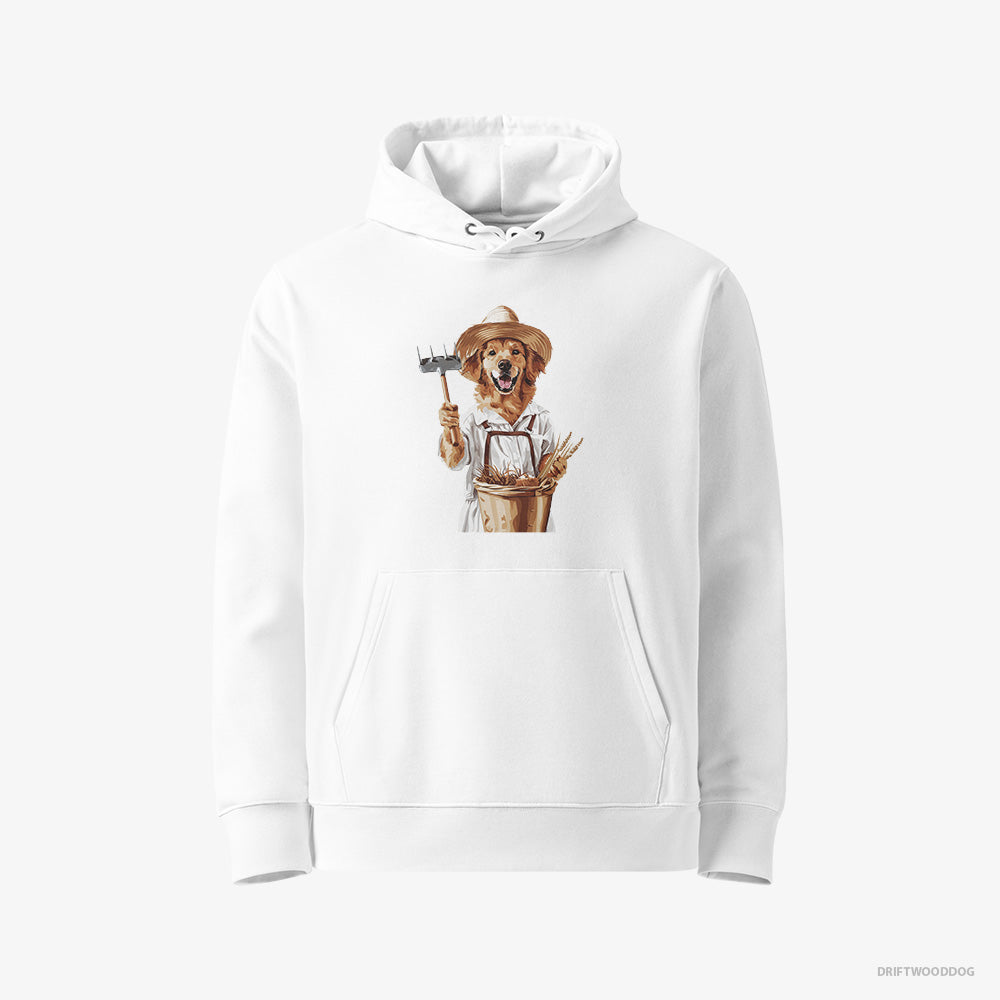 Golden Retriever Hoodie – Men White Hoodie Eco-Friendly – Dressed as a Farmer (on White Background)