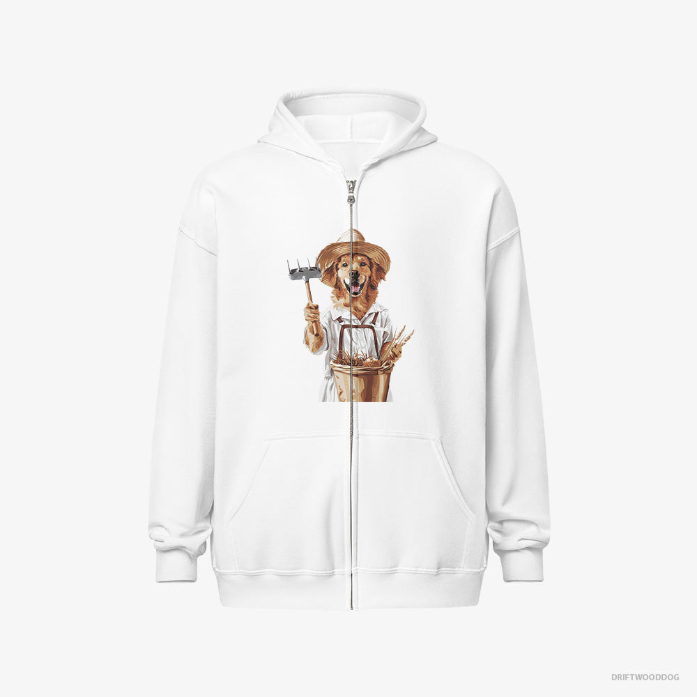 Golden Retriever Hoodie – Women White Hoodie Full-Zip – Dressed as a Farmer (on White Background)