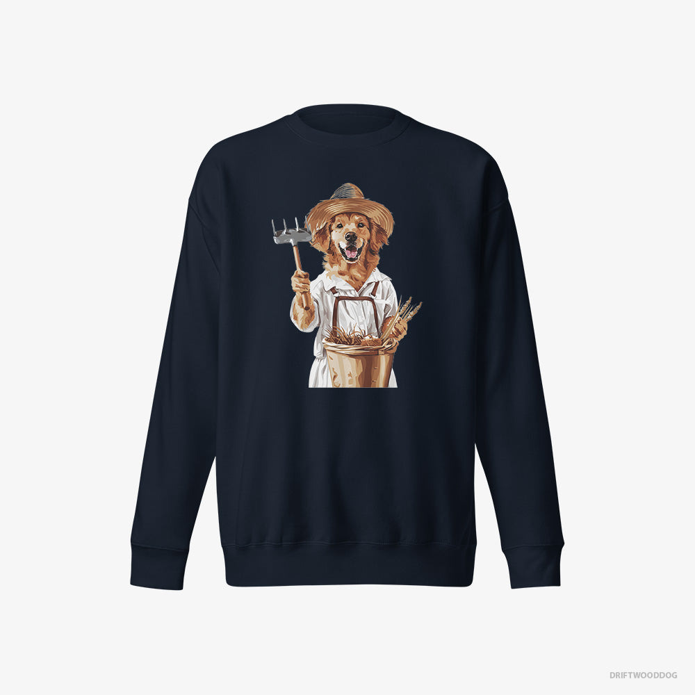 Golden Retriever Sweatshirt – Men Navy Sweatshirt Eco-Friendly – Dressed as a Farmer (on White Background)