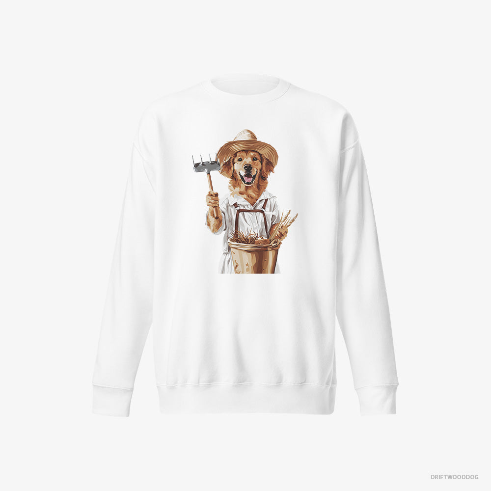 Golden Retriever Sweatshirt – Men White Sweatshirt Eco-Friendly – Dressed as a Farmer (on White Background)