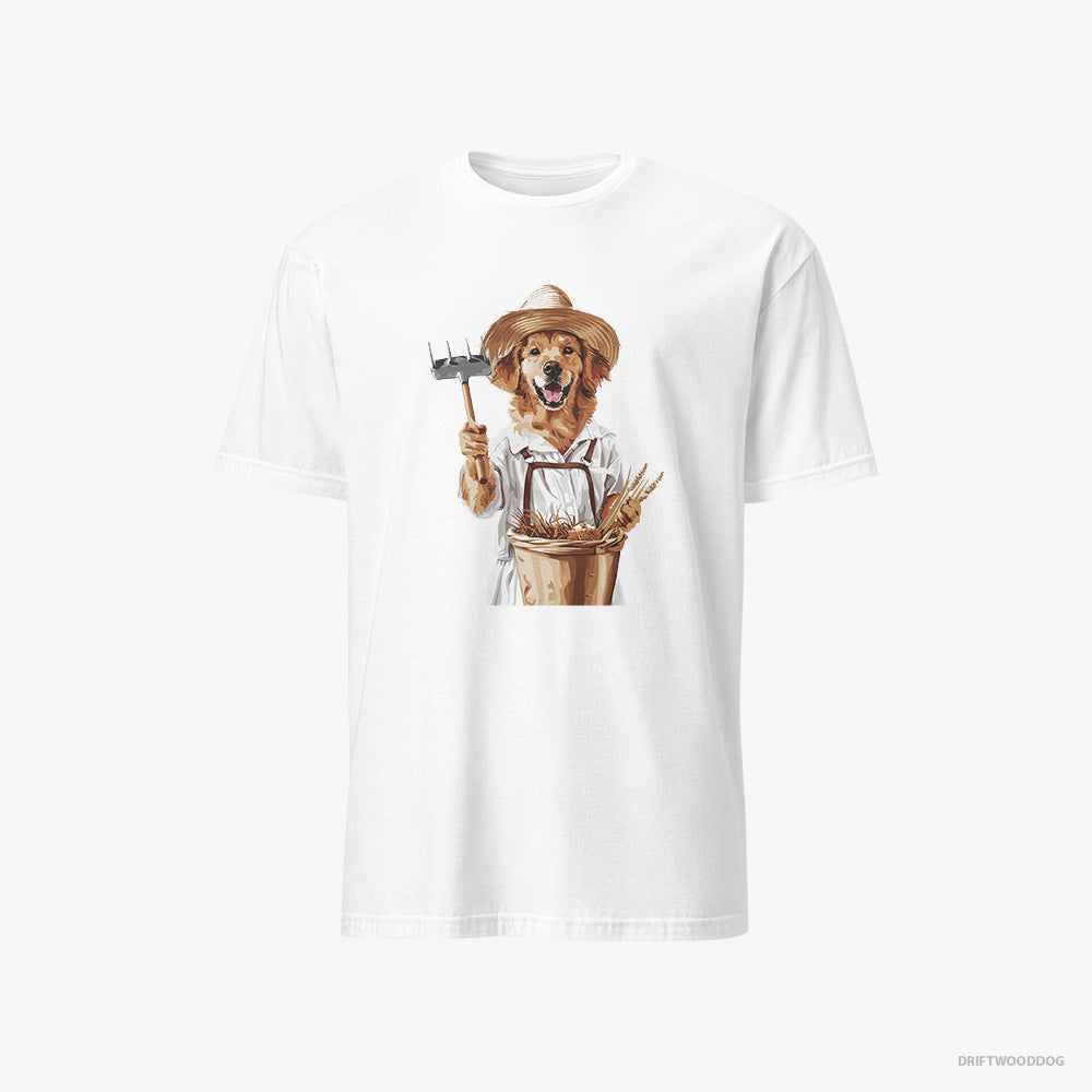 Golden Retriever T-Shirt – Men White T-Shirt Classic – Dressed as a Farmer (on White Background)