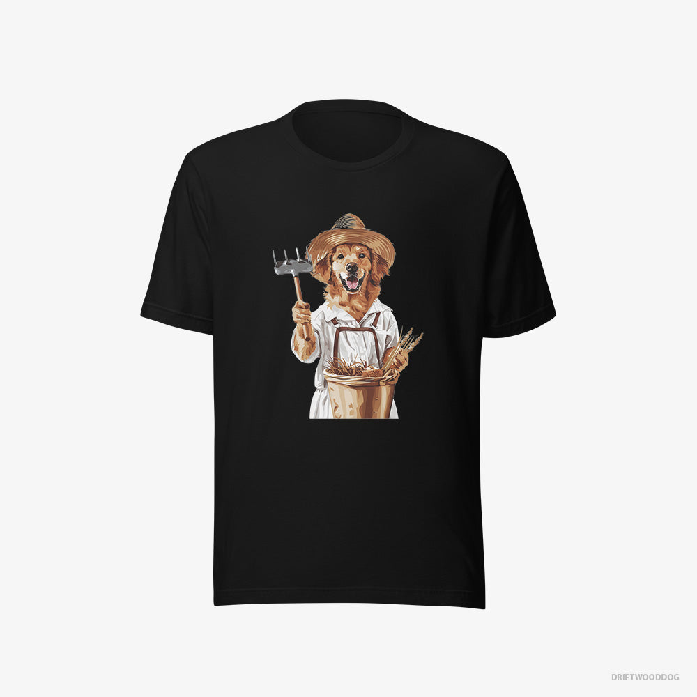 Golden Retriever T-Shirt – Women Black T-Shirt Eco-Friendly – Dressed as a Farmer (on White Background)