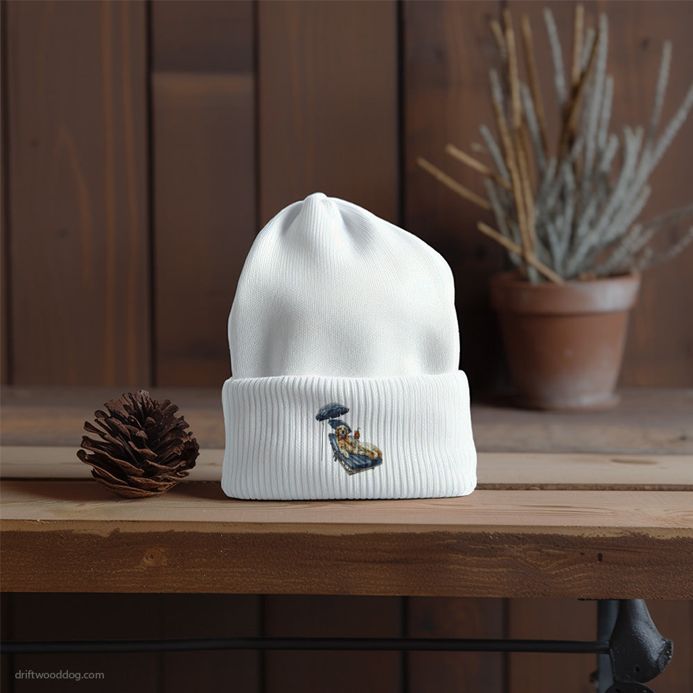 Golden Retriever Lying on a Sun Lounger with a Cocktail Beanie – Dog Prints Beanies for Men and Women