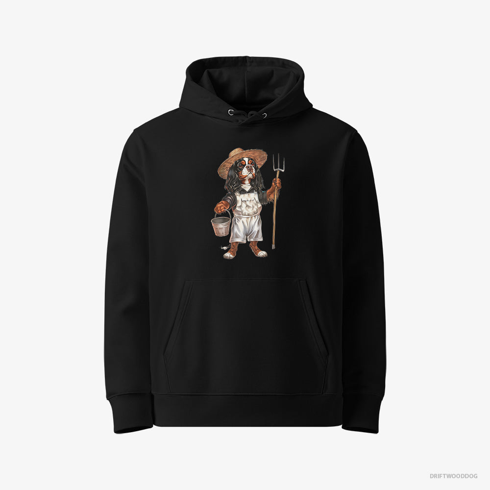 Cavalier King Charles Spaniel Hoodie – Women Black Hoodie Eco-Friendly – Dressed in Farmer's Clothes (on White Background)