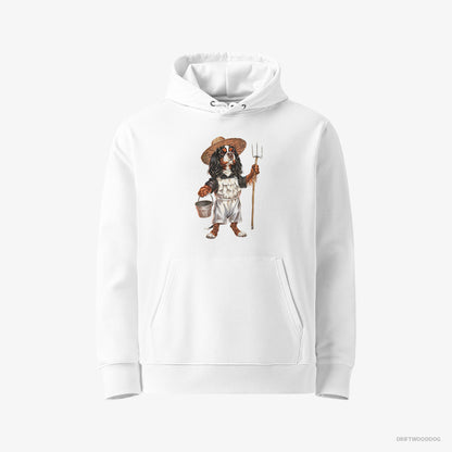 Cavalier King Charles Spaniel Hoodie – Men White Hoodie Eco-Friendly – Dressed in Farmer's Clothes (on White Background)