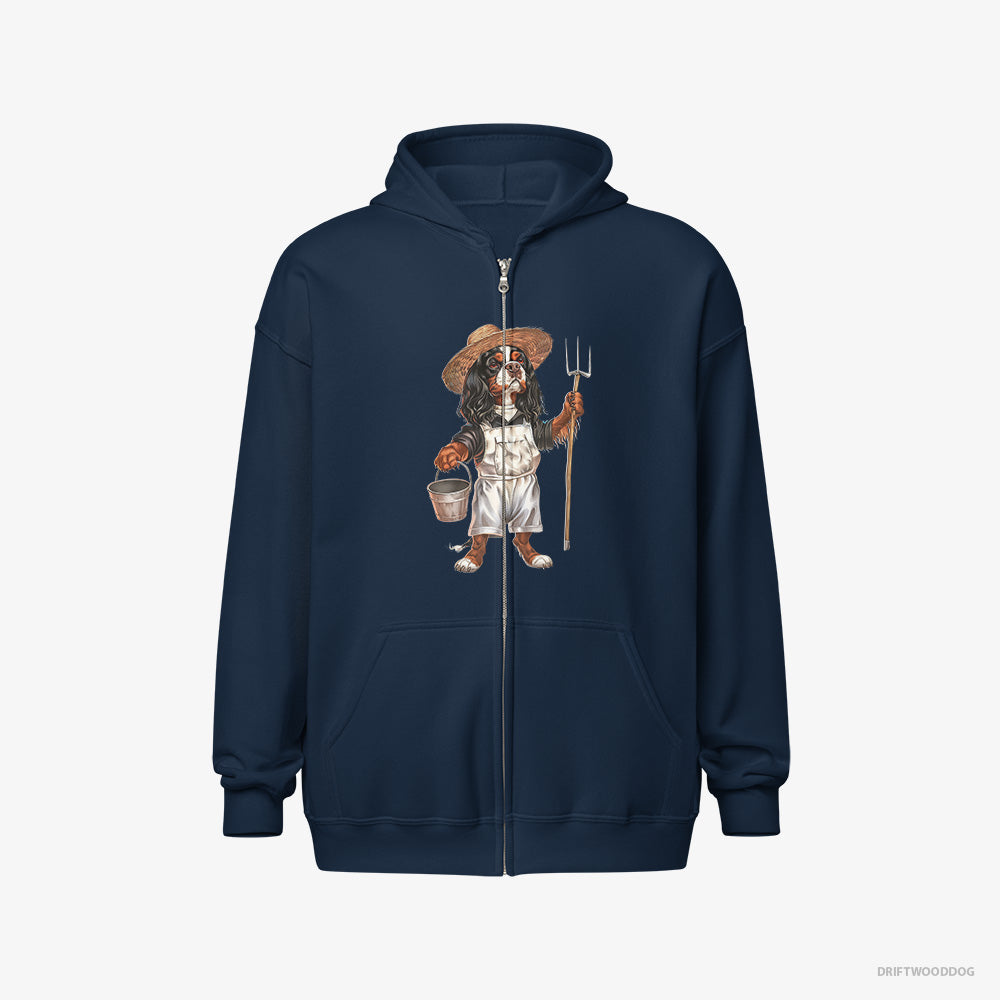 Cavalier King Charles Spaniel Hoodie – Men Navy Hoodie Full-Zip – Dressed in Farmer's Clothes (on White Background)