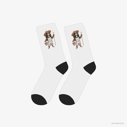 Cavalier King Charles Spaniel Socks – Unisex White Socks Classic – Dressed in Farmer's Clothes (on White Background)