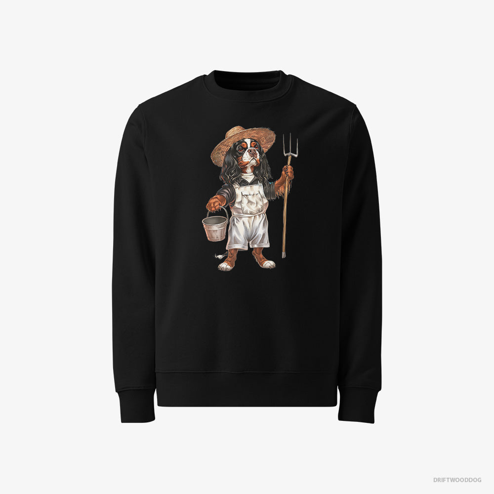 Cavalier King Charles Spaniel Sweatshirt – Men Black Sweatshirt Classic – Dressed in Farmer's Clothes (on White Background)