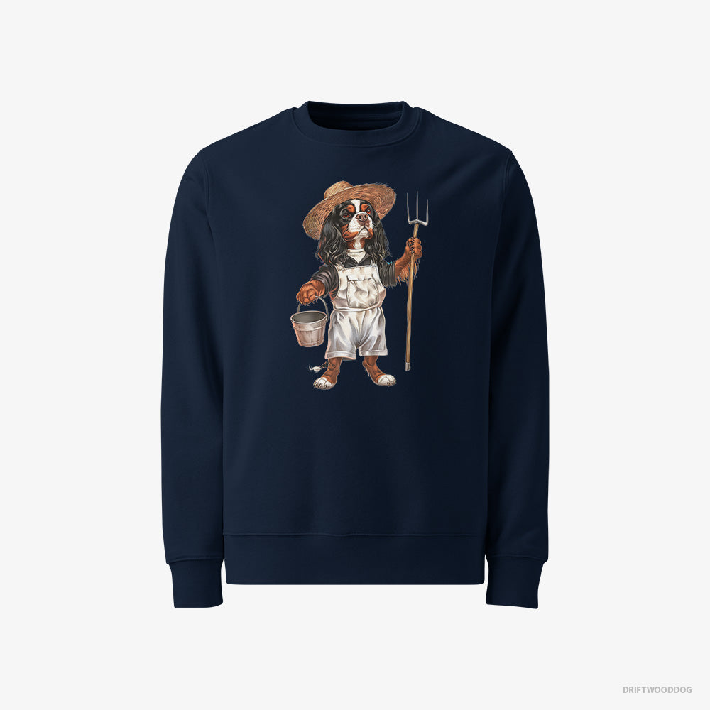 Cavalier King Charles Spaniel Sweatshirt – Men Navy Sweatshirt Classic – Dressed in Farmer's Clothes (on White Background)