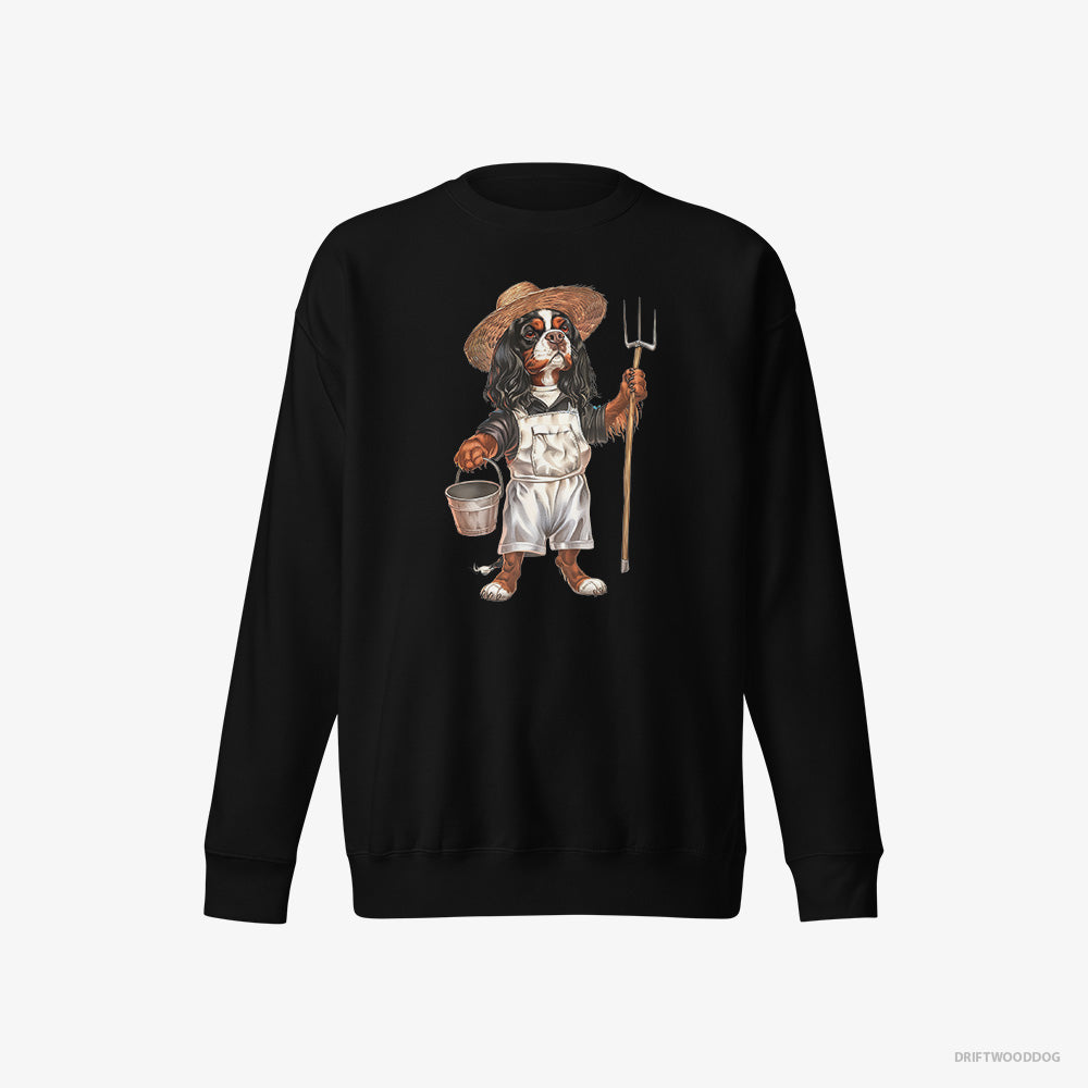 Cavalier King Charles Spaniel Sweatshirt – Men Black Sweatshirt Eco-Friendly – Dressed in Farmer's Clothes (on White Background)