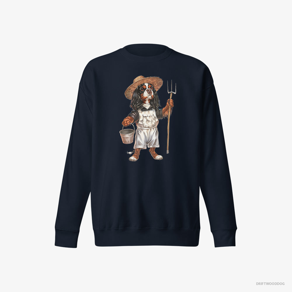 Cavalier King Charles Spaniel Sweatshirt – Men Navy Sweatshirt Eco-Friendly – Dressed in Farmer's Clothes (on White Background)