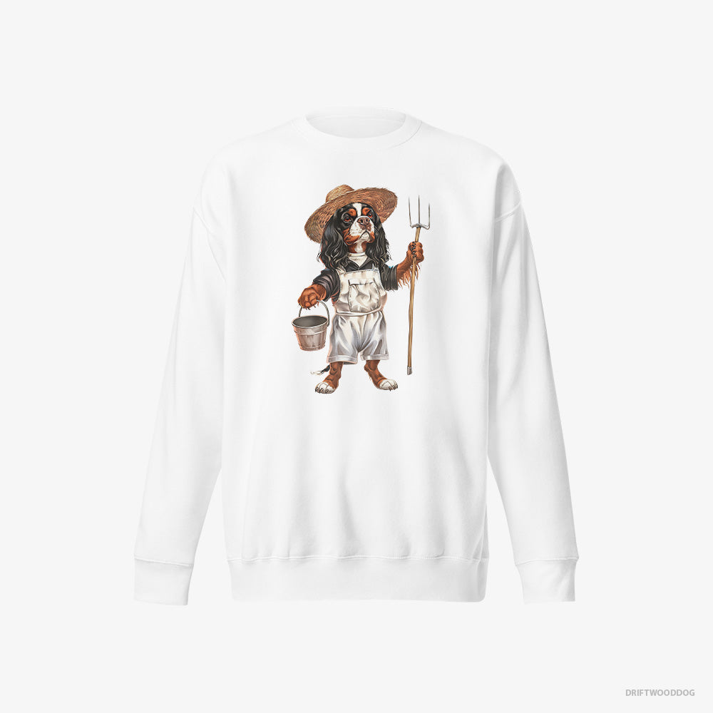 Cavalier King Charles Spaniel Sweatshirt – Men White Sweatshirt Eco-Friendly – Dressed in Farmer's Clothes (on White Background)