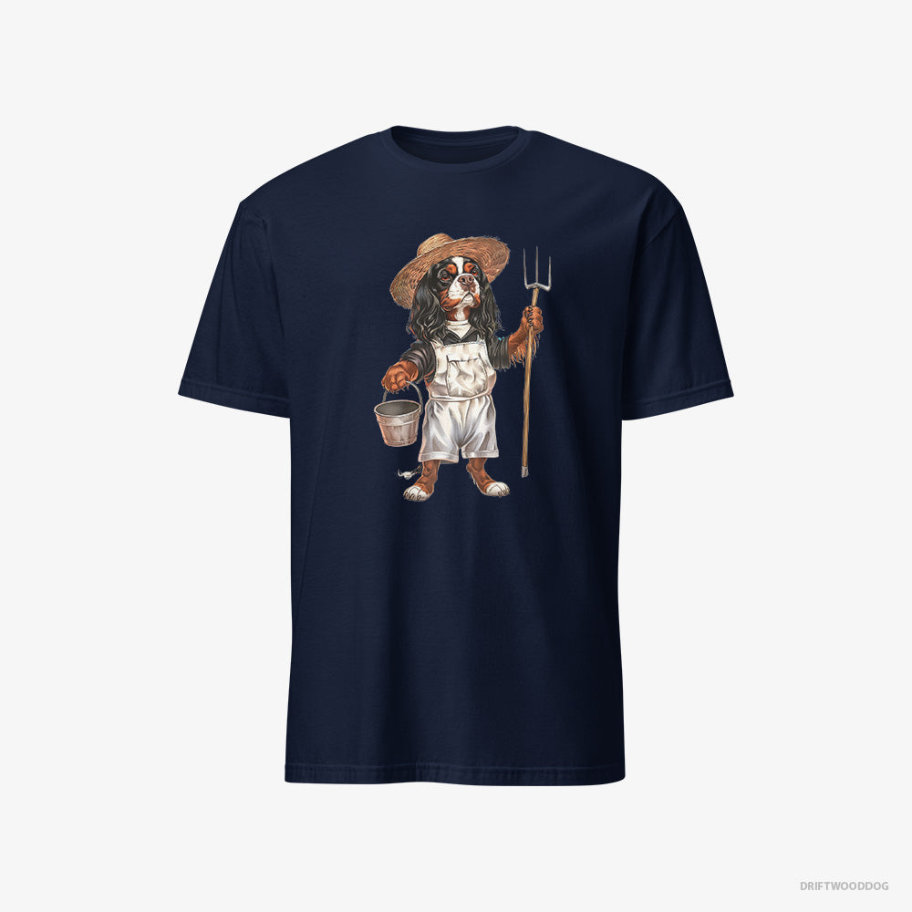 Cavalier King Charles Spaniel T-Shirt – Men Navy T-Shirt Classic – Dressed in Farmer's Clothes (on White Background)