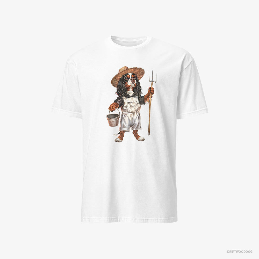 Cavalier King Charles Spaniel T-Shirt – Men White T-Shirt Classic – Dressed in Farmer's Clothes (on White Background)