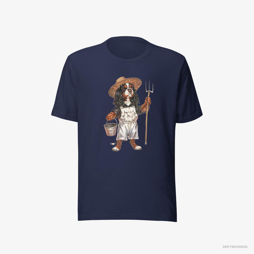 Cavalier King Charles Spaniel T-Shirt – Men Navy T-Shirt Eco-Friendly – Dressed in Farmer's Clothes (on White Background)