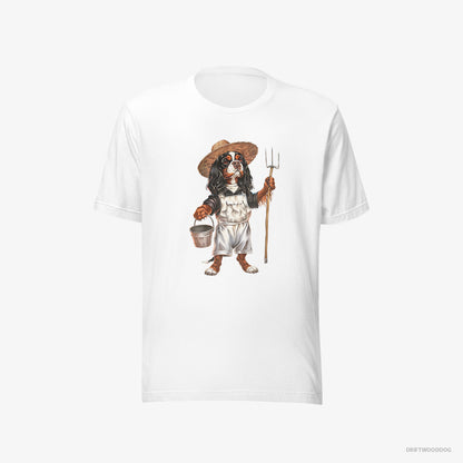 Cavalier King Charles Spaniel T-Shirt – Men White T-Shirt Eco-Friendly – Dressed in Farmer's Clothes (on White Background)