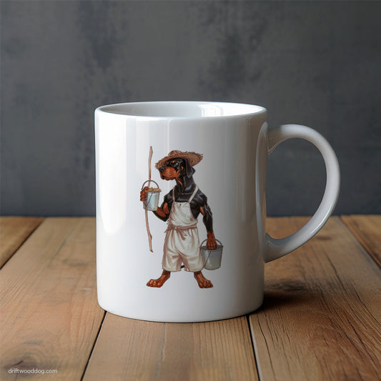 Dobermann Dressed in Farmer's Clothes Mug – Unique Dog Cups | Dog-Themed Mugs