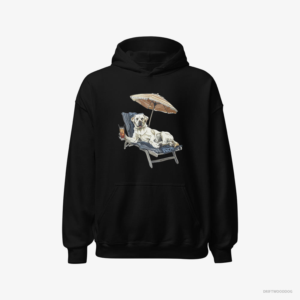 Labrador Retriever Hoodie – Men Black Hoodie Classic – Lying on a Sun Lounger with a Cocktail (on White Background)