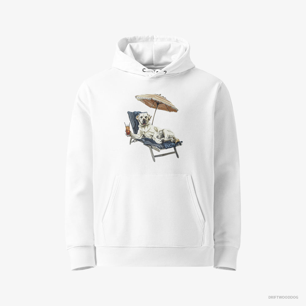 Labrador Retriever Hoodie – Men White Hoodie Eco-Friendly – Lying on a Sun Lounger with a Cocktail (on White Background)