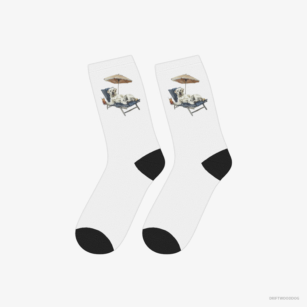 Labrador Retriever Socks – Unisex White Socks Classic – Lying on a Sun Lounger with a Cocktail (on White Background)