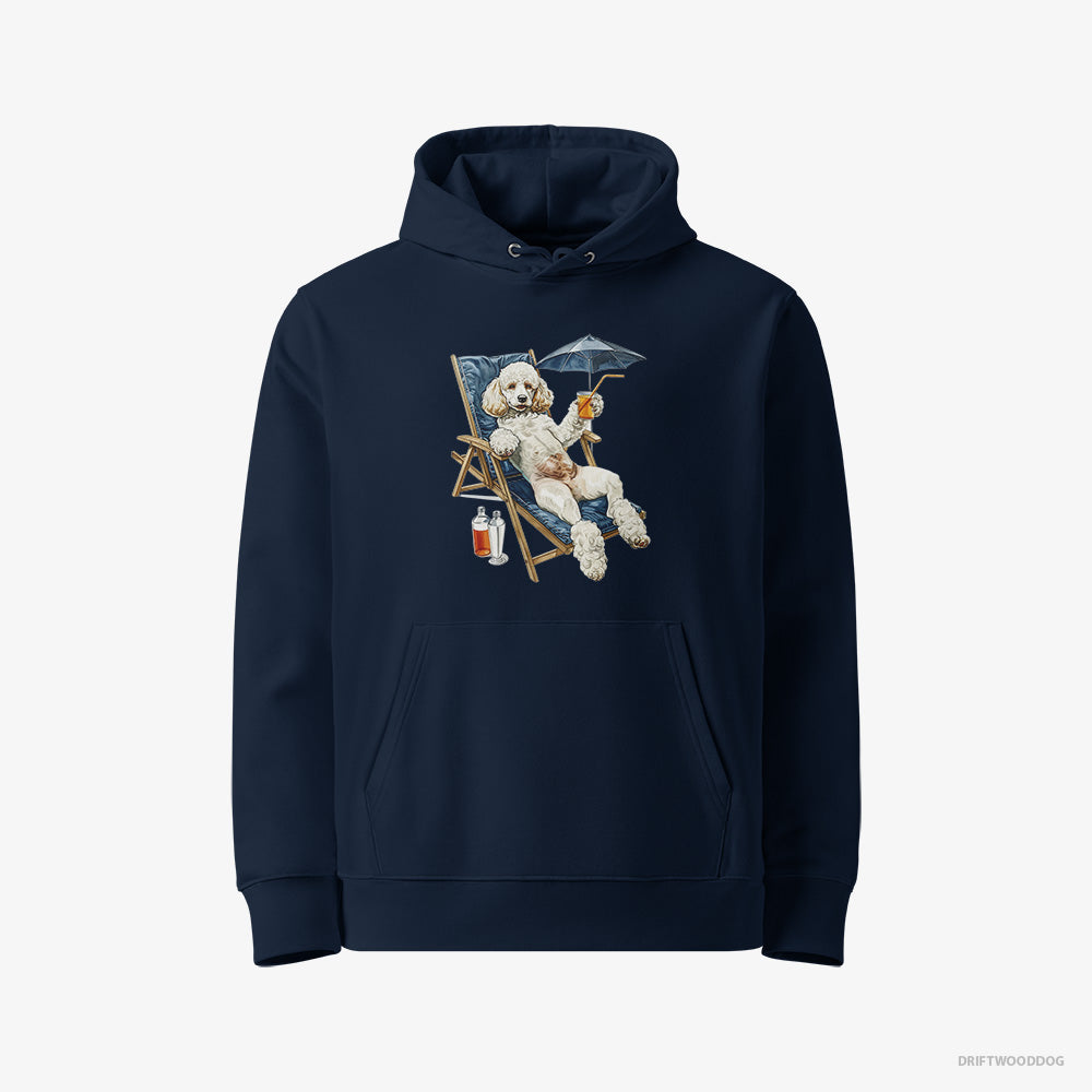 Poodle Hoodie – Women Navy Hoodie Eco-Friendly – Relaxing on a Sunbed (on White Background)