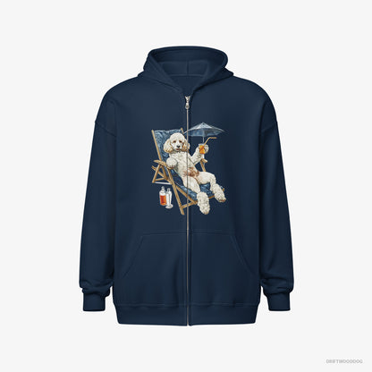 Poodle Hoodie – Men Navy Hoodie Full-Zip – Relaxing on a Sunbed (on White Background)