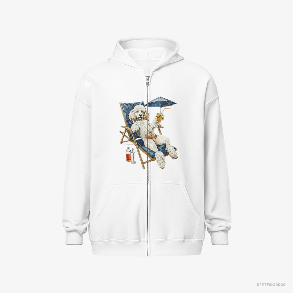 Poodle Hoodie – Women White Hoodie Full-Zip – Relaxing on a Sunbed (on White Background)