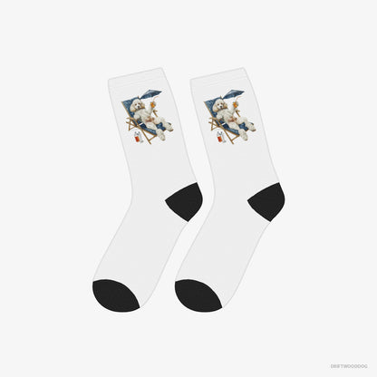 Poodle Socks – Unisex White Socks Classic – Relaxing on a Sunbed (on White Background)