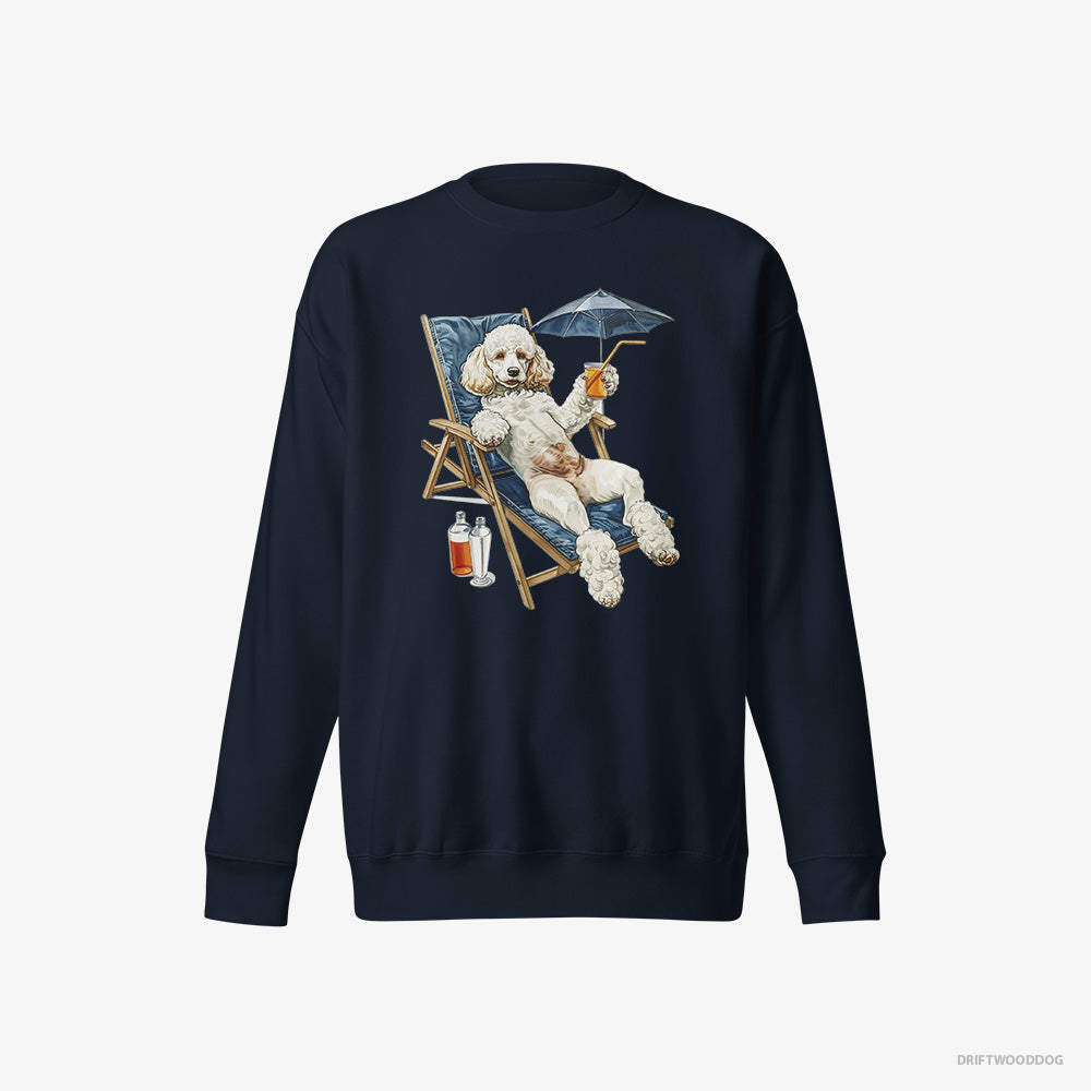 Poodle Sweatshirt – Women Navy Sweatshirt Eco-Friendly – Relaxing on a Sunbed (on White Background)