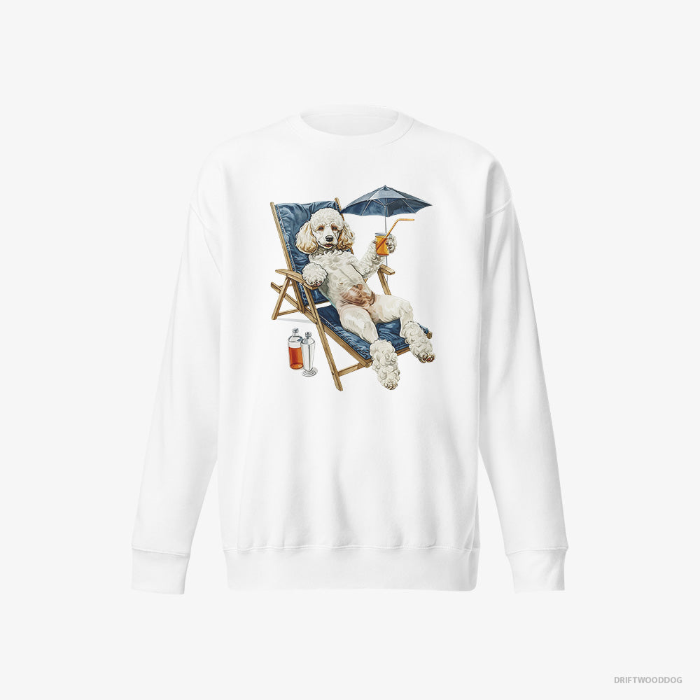 Poodle Sweatshirt – Women White Sweatshirt Eco-Friendly – Relaxing on a Sunbed (on White Background)