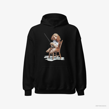 Poodle Hoodie – Men Black Hoodie Classic – with a Fishing Rod (on White Background)