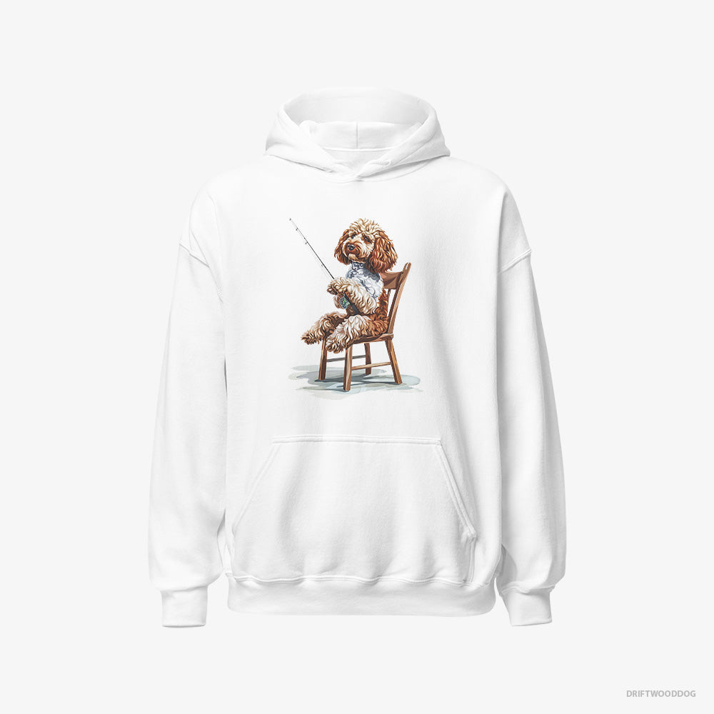 Poodle Hoodie – Women White Hoodie Classic – with a Fishing Rod (on White Background)