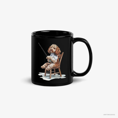 Poodle Mug – Unisex Black Mug Classic – with a Fishing Rod (on White Background)